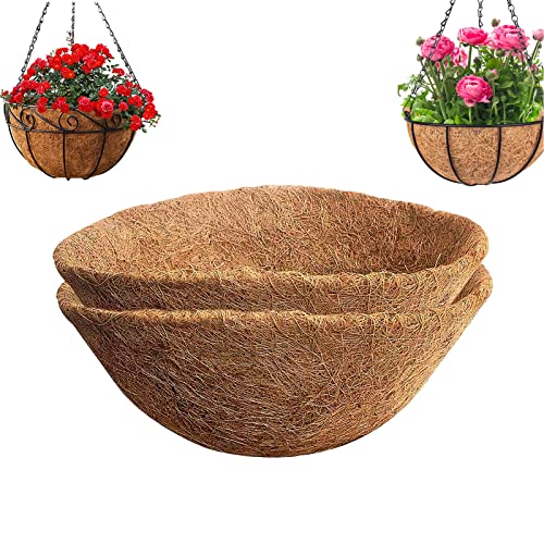 YUNSTK 2 Pcs Hanging Basket Liners 14 inch Round Planter Liner Coco Fiber Replacement Liner Natural Coconut Fibres Trough Liners for Hanging Baskets at Indoor Outdoor Garden Porch and Balcony