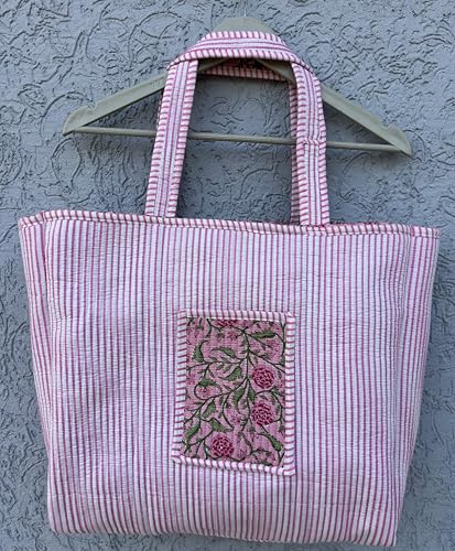 Image of Quilted Cotton Handprinted Reversible Large multicolor Floral Tote Bag,Hand Block Print Shopping Shoulder Carry Bag