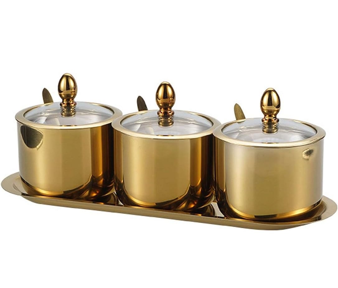 AZHKJKZH Seasoning Box Set Stainless Steel Spice Jar Set Seasoning Condiment Container Pot For Sugar Salt Sugar Jar(Gold,3Pieces)