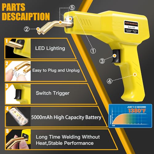 Image of 200W Cordless Plastic Welder - 1050Pcs 6 Types Hot Staples, 5000mAh Rechargeable Battery, Bumper Repair Kit (Yellow)
