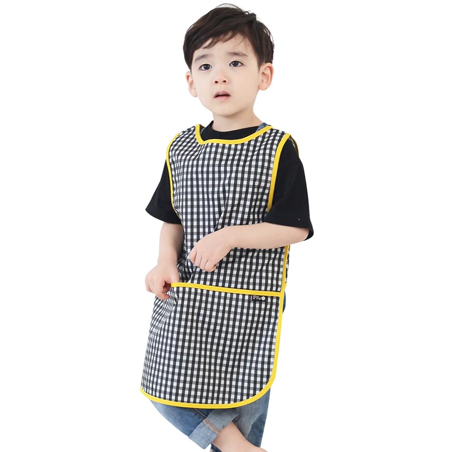 Kids Waterproof Art Tabard | Sleeveless Messy Play Painting Smock for Toddlers | Size SโXL | Kids Artist Apron for School, Daycare, Crafts, Black Check (33-S) โ image 1