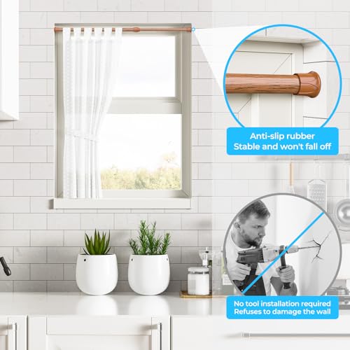Image of AIZESI 2PCS Curtain Rods Small Tension Rod 17 to 28 Inch Extendable Spring Curtain Rods Wood Color Tension Curtain Rod Short Spring Tension Rod for Window