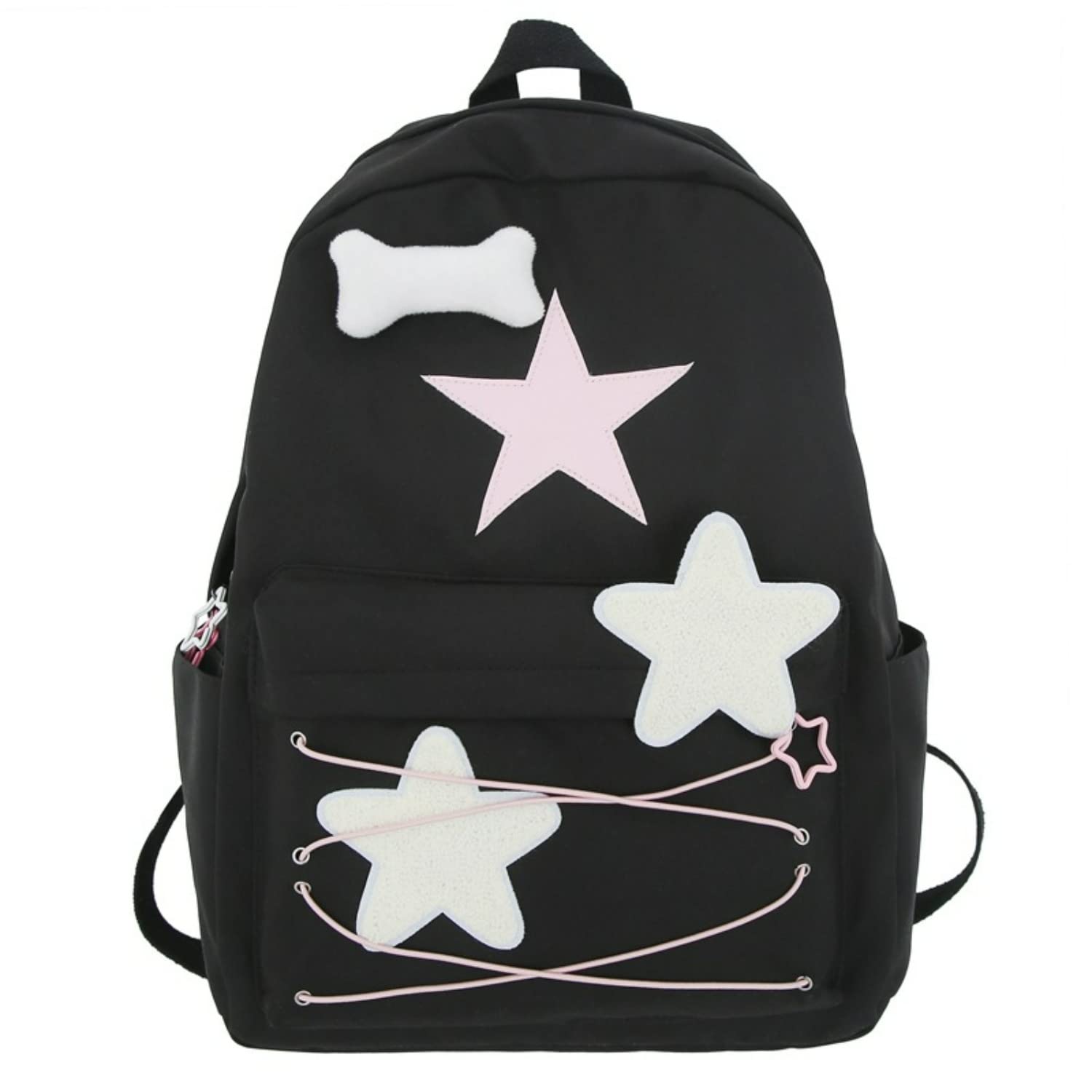 Preppy Backpack Cute Stars Pattern Korean Style Backpack Aesthetic College Book Bag for Work Travel (One Size,Black)