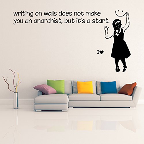 AnOL Banksy Vinilo para Pared Frase La Escritura en Paredes no te Hacen Anarquista/Niña con Cara Sonriente/Street Graffiti Pegatina + Gratis Adhesivo (200x106 cm)