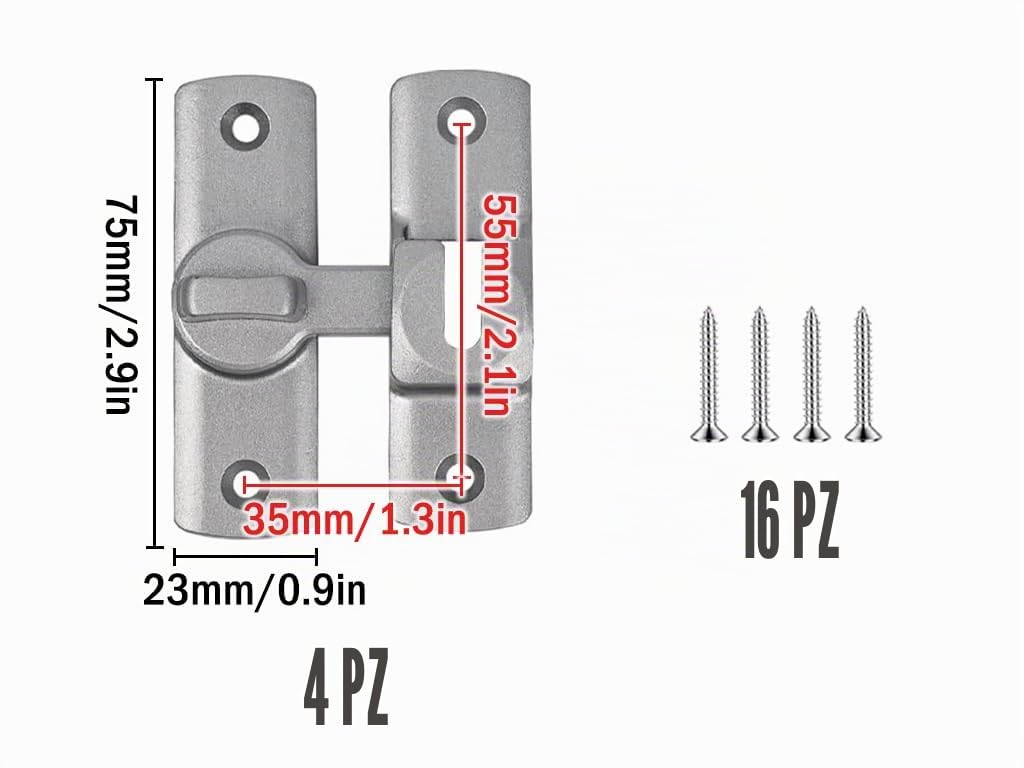 4 Pezzi Serratura Porta Catenaccio, 90/180 Gradi Serratura per Porta Scorrevole con 16 Viti, Chiavistello per Porta in Legno, Chiavistello Scorrevole, per Cucine, Camera da Letto, Studio, Bagni