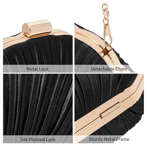 Image of RNIEGA Pleated Satin Seashell Evening Clutch Purse for Women Elegant Clutch Handbag Shoulder Bag with Chain for Wedding