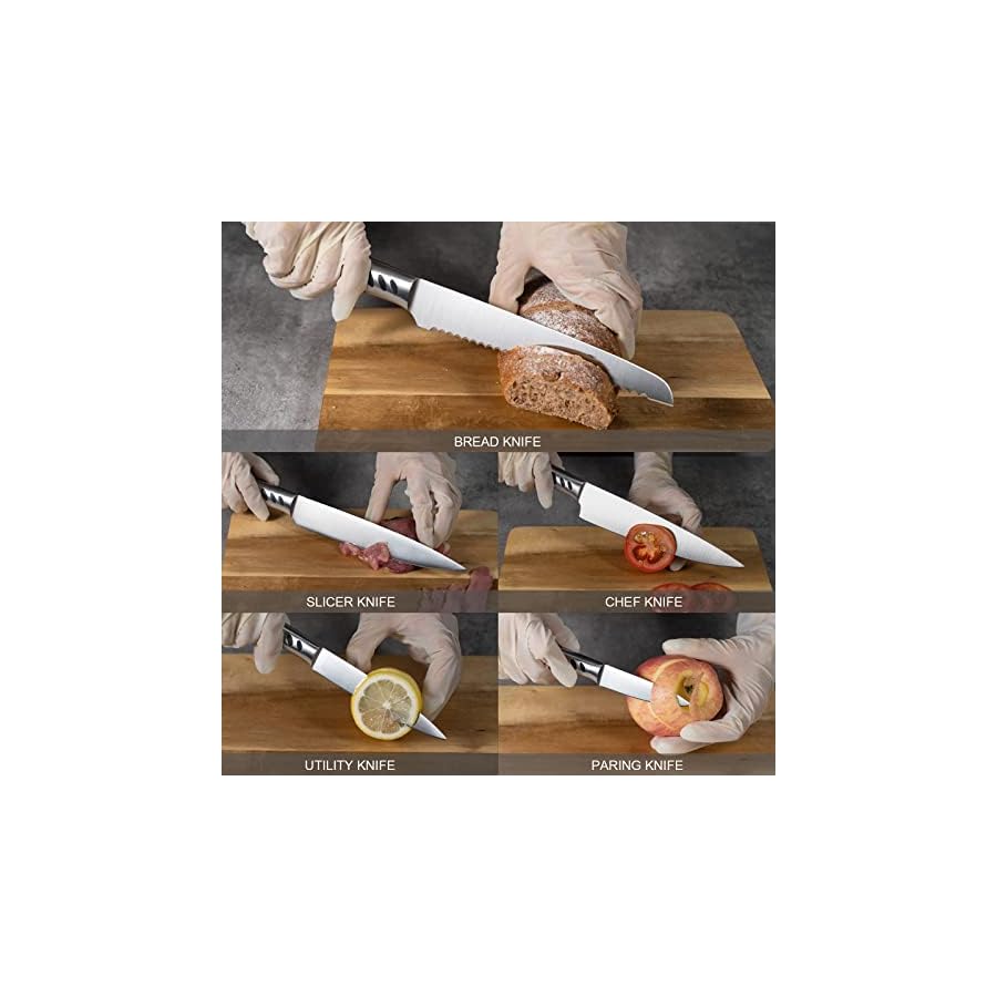 CHUSHIJI Knife Block Set,7 Pieces Knives Set for Kitchen,Knife Set with Block, Premium Stainless Steel Cooking Knife Set for Chef,Hardwood Kitchen Knife Set with Sharpener- Black