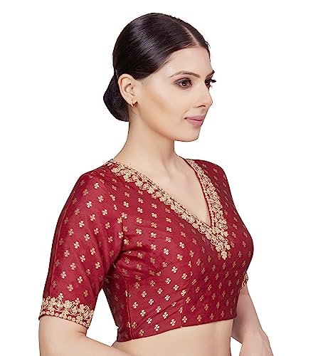 Image of Studio Shringaar Women's Brocade Embroidered V-Neck Readymade Elbow Length Sleeves Saree Blouse