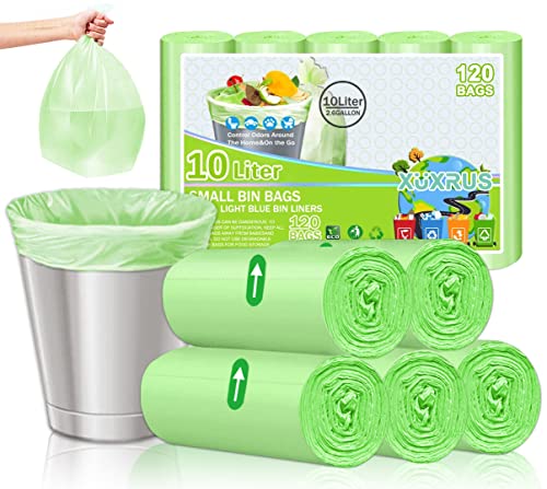 XIQIYY Bolsas de basura de 10 l y bolsas biodegradables, 120 unidades de basura de 2.6 galones, hechas de almidón de maíz, bolsa de basura para baño, cocina, mascota de 10 a 12 litros, color verde