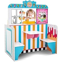 Lil Jumbl Double-Sided Ice Cream Parlor Playset for Kids, Wooden Pretend Diner Set, Kitchen Set with Cash Register, Burners, Faucet & Dispenser are Battery Operated and Make Realistic Sound & Light