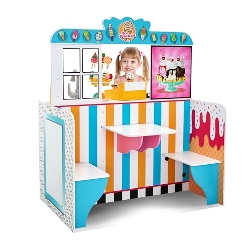 Image of Lil' Jumbl Double-Sided Ice Cream Parlor Playset for Kids, Wooden Pretend Diner Set, Kitchen Set with Cash Register, Burners, Faucet & Dispenser are Battery Operated and Make Realistic Sound & Light