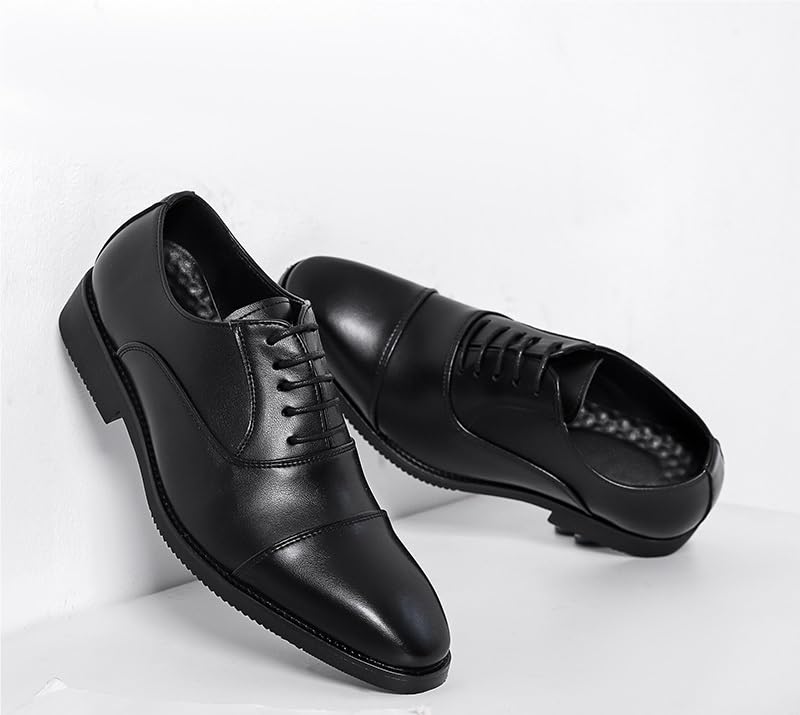 Oxford Formal Shoes for Men Lace Up Pointed Burnished Toe Vegan Leather Cap Toe Oxford Shoes Rubber Sole Non Slip Low Top Block Heel Slip Resistant(Black,8)3