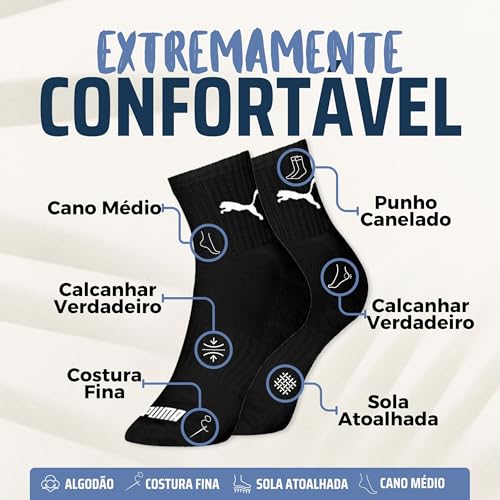 PUMA 9 Pares Meia Academia Cano Médio Alto Sola Atoalhada com Faixa Tensora Esportiva Unissex Adulto