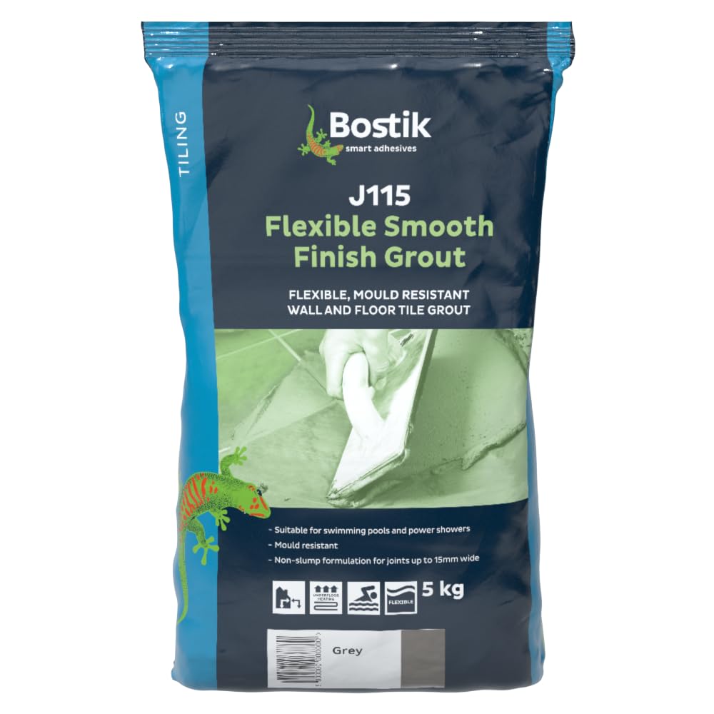 Bostik J115 Flexible Smooth Finish Tile Grout Grey - 5kg - Mould-Resistant - Waterproof - Non-Slip - Suitable for Walls & Floors - Indoor/Outdoor Use