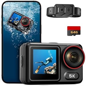 5K 30FPS 64MP Waterproof Action Camera with Front LCD & Touch Screen- 34FT Built-in Waterproof & 132FT Dive Housing Underwater Camera, EIS 2.0, 5X Zoom, 64GB SD, WiFi Remote Sport Cameras (Black)