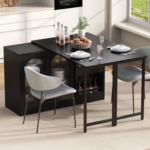 YEHTOKHOME Table de Bar Extensible avec Espace de Rangement, Table Haute Cuisine avec 2 Portes en Verre, Plateau Rotatif 360°, Étagères Réglables, ilot...