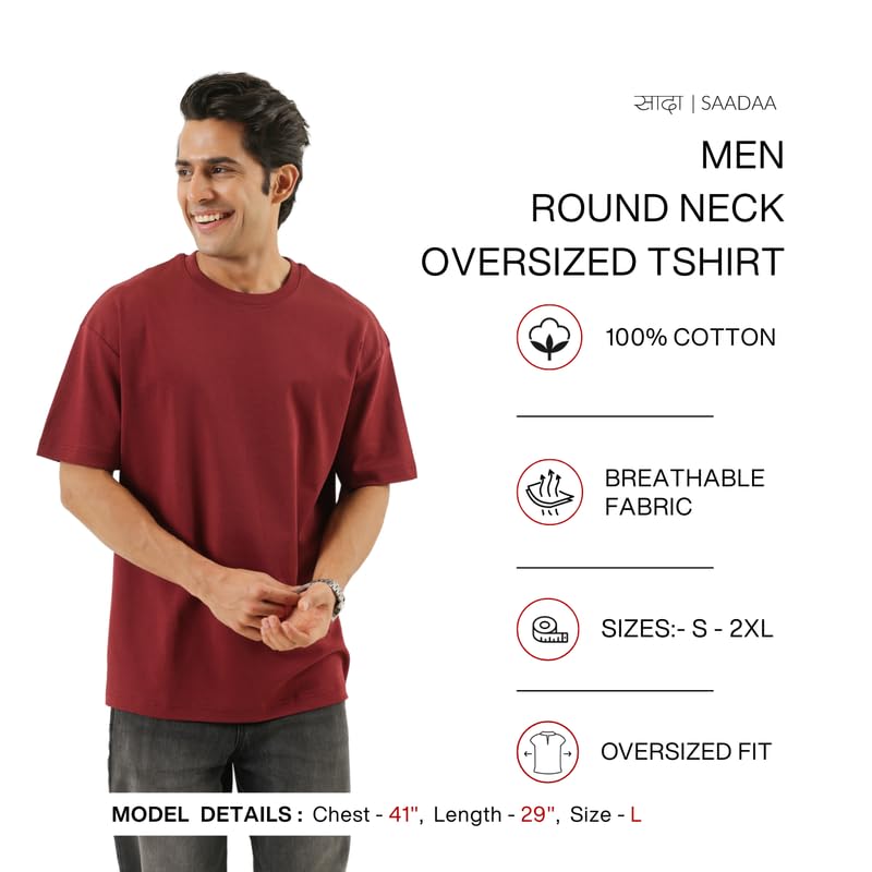 Image of SAADAA Men's Oversized Cotton T-Shirt | 210 GSM Heavyweight Fabric | Drop Shoulder | Dual Knit | Comfortable Casual Wear | Solid Colors