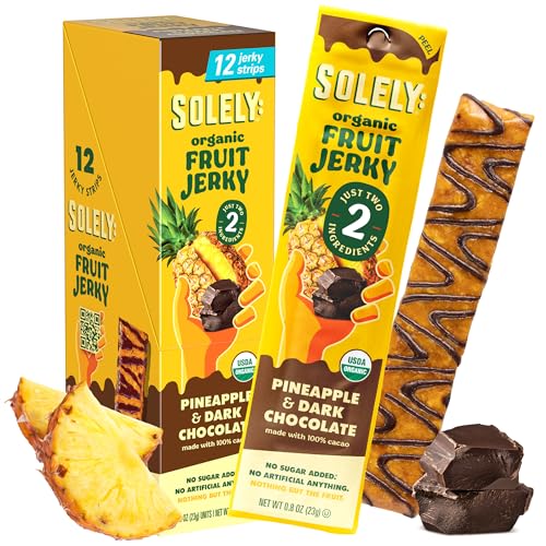 Image of SOLELY - Organic Pineapple Chocolate Drizzled Fruit Jerky - 12 Individually Wrapped Strips - Fruit Leather Made from Dried Fruit - Healthy Snacks for Adults & Kids - Vegan, Non GMO - 0.8oz (23g)