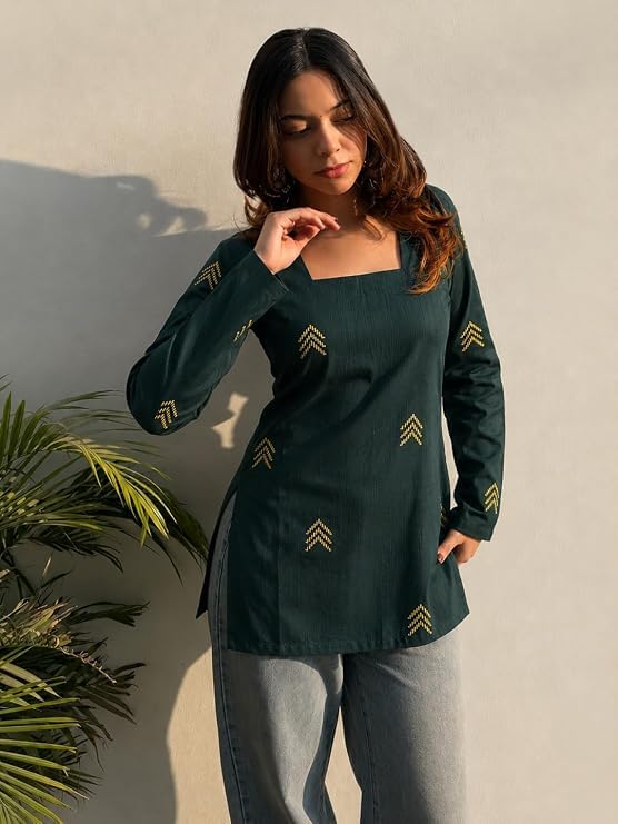 Image of ANNI Designer Viscose Printed Regular Short Kurti for Women | Viscose Green | Full Sleeve | Square Neck | Ethnic Wear Casual Wear