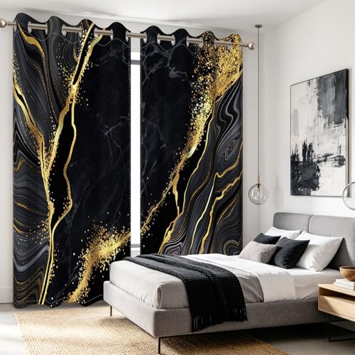 Baocicco Black Gold Marble Window Curtains for Bedroom Art Fluid Golden Texture Drapes Living Room Luxury Modern Design Grommets Blackout Curtain 2 Panels W42xL108 Inch Art-black-1 by Baocicco - Image 8