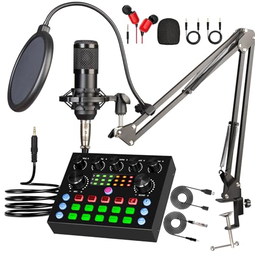 Paquete de Equipos para Podcast, Tarjeta de Sonido en Vivo V8s con Micrófono de Estudio Bm800, Tarjeta de Sonido Profesional en Vivo con Efectos de Mezclador DJ y Cambiador de Voz para Transmisión