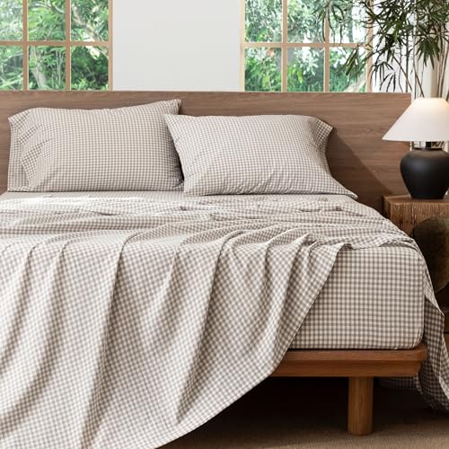 Image of MooMee Gingham Sheet Set 100% Washed Cotton Linen Like Textured Breathable Soft w /Fully Elasticized 16-19 inch Deep Pocket (Mini Gingham Tannish Linen Grey, Queen)