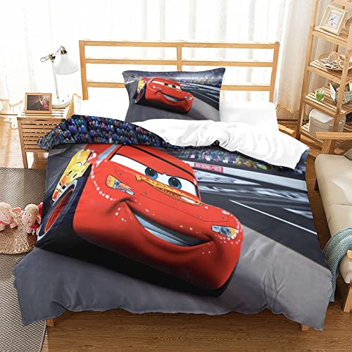 LATIZI Rayo Mcqueen Set Copripiumino in Cotone con Motivo , con Chiusura A Cerniera Nascosta, 3 Pezzi, 1 Copripiumino E 1 Federe Single(135x200cm)