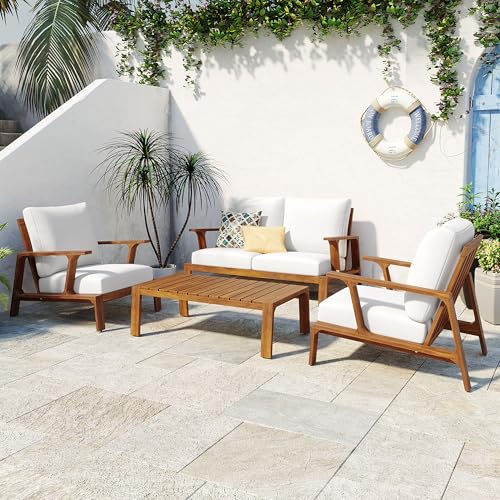 4 Pieces Outdoor Sofa Set 4-Person Patio Seating Group Outdoor Conversation Set with Cushions and a...