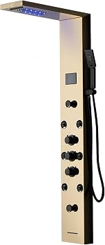 Gold Shower Panel System with LED Light & LCD Temperature Display,5 IN 1 Modes Bathroom Massage Shower Tower Wall Mount, Brushed Gold