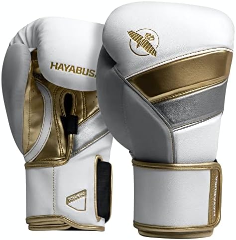 Hayabusa T3 Boxing Gloves for Men and Women Wrist and Knuckle Protection, Dual-X Hook and Loop Closure, Splinted Wrist Support, 5 Layer Foam Knuckle Padding - White/Gold, 12 oz