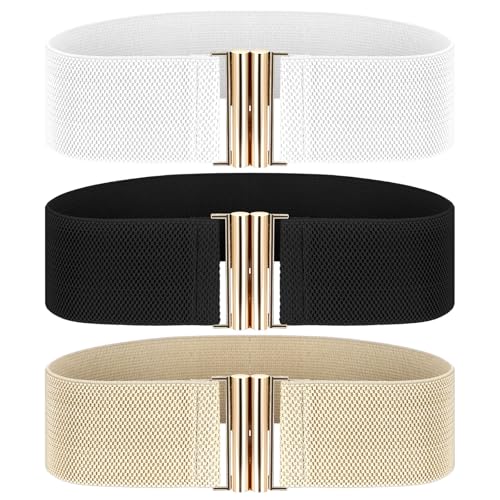 cobee 3Pcs Wide Elastic Belts for Women, Vintage Stretch Waist Belt Adjustable Dress Waistband Stretchy Belt with Golden Buckle Black White Khaki