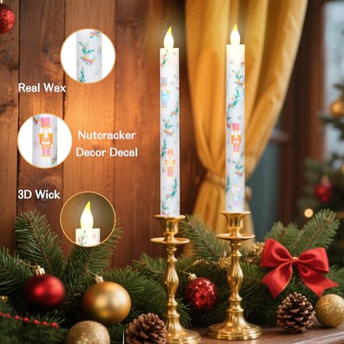 Image of Crystal Club Christmas Nutcracker Flameless Taper Candles with Remote & Timer, Battery Operated Taper Candles, Candy Colored Decal Real Wax Flickering LED Candlesticks for Holiday Christmas Home Decor