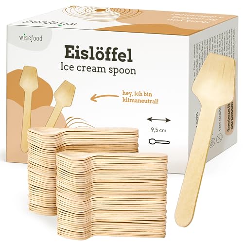 wisefood Cuillères à glace en bois - Lot de 100 cuillères jetables de 9,5 cm - Cuillères à dessert biodégradables - Naturelles, stables, respectueuses de...