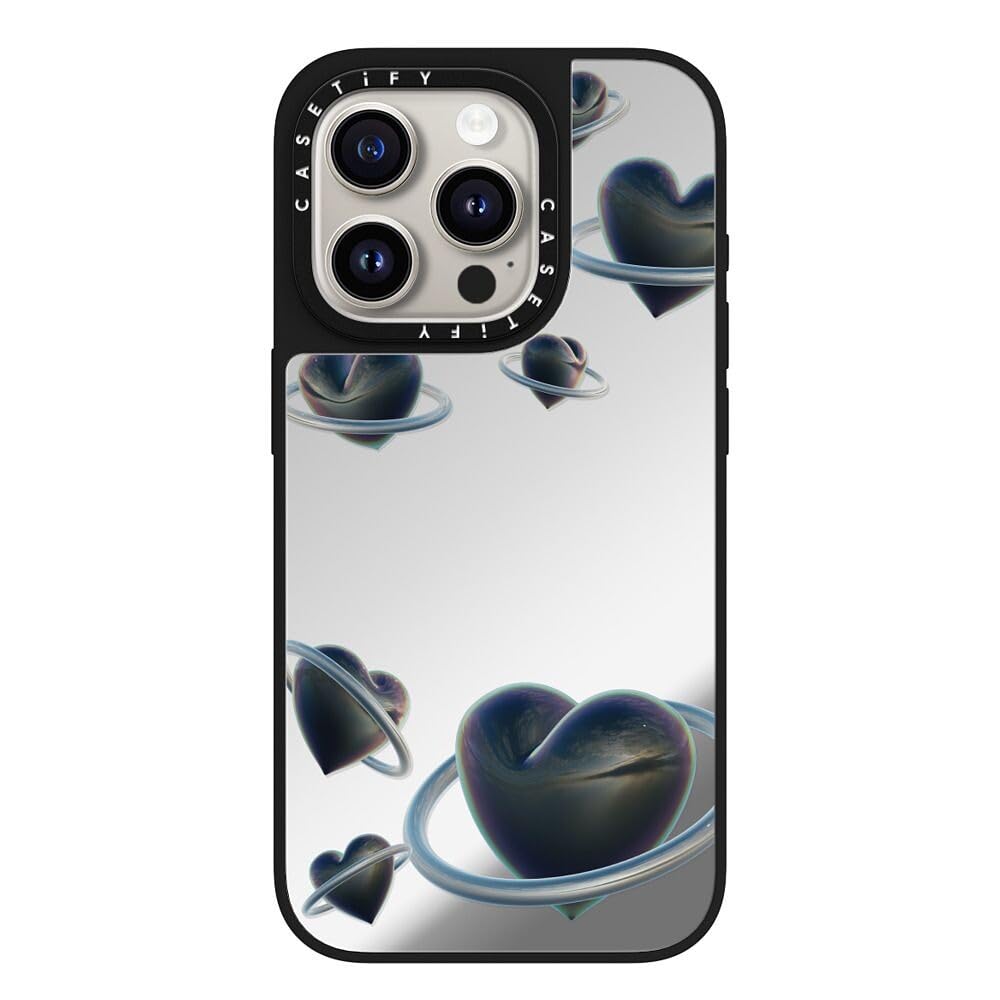 CASETiFY Magsafe 対応ミラー iPhone 15 Pro ケース [反射性 / 1.5mからの落下試験をクリア / Magsafe に対応] - Heart Universe Case - シルバー (ブラックバンパー)