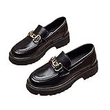 [MsiDtsoy] レディース ローファー 厚底 英国風 エナメル調 スリッポンシューズ 太ヒール おしゃれ 小革靴 (24.5 cm,マットブラック)