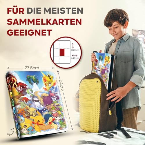 Sammelalbum für Pokemon, 50 Seiten 900 Karten Reißverschlüsse Wasserdicht PU Karten Halter, Card Collection Sammelheft, Geschenk für Kinder
