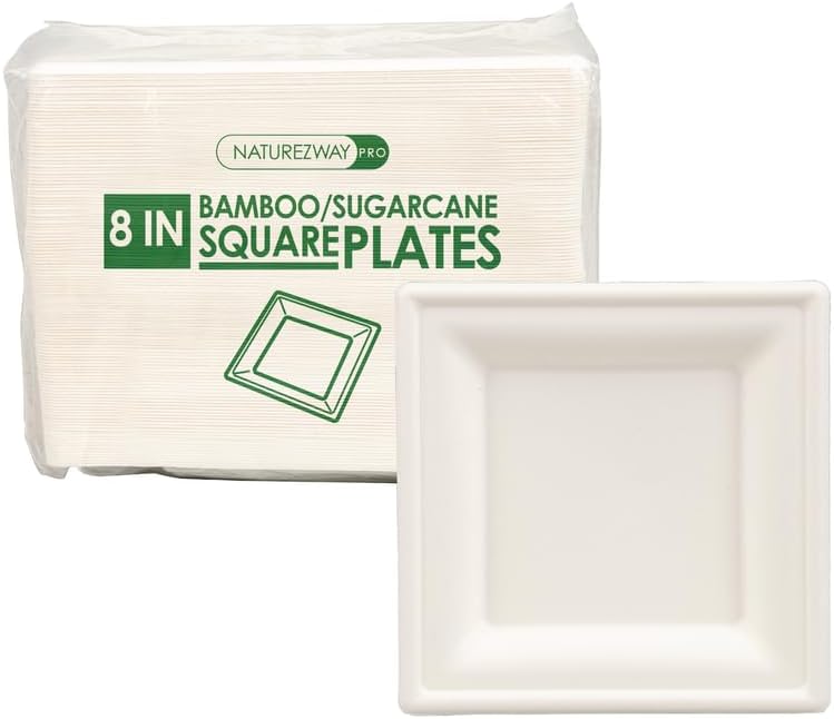 NatureZway presents 125-Pack of 10" Bamboo & Sugarcane Square Plates: Freezer, Microwave Safe, Heat Resistant. Elevate your eco-conscious dining with sustainable, versatile serveware.