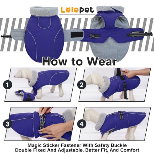 Image of Lelepet Dog Coat Reflective Waterproof Fleece Vest with Adjustable Buckle | Reflective Pet Winter Coat Turtleneck Snowsuit Windproof Cold Weather Coats for Small Medium Large Dogs,Leash Hole,Blue, L