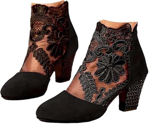 Women's Flowers Lace Fish Mouth Open Toe High Heels Sandals Back Zipper Chunky Heel Summer Dress Shoes Floral & Lace Mesh Breathable Shoes (Black, 7)