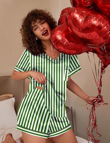 Image of Ekouaer Silk Pajama for Women Short Sleeve Satin Pj Set Two Piece Soft Sleepwear Loungewear S-XXL