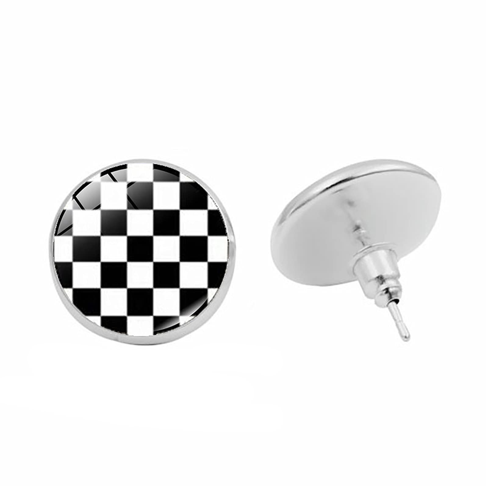 Pendientes de botón a cuadros blancos y negros para mujer, lindos aretes a cuadros, Vidrio, vidrio 2