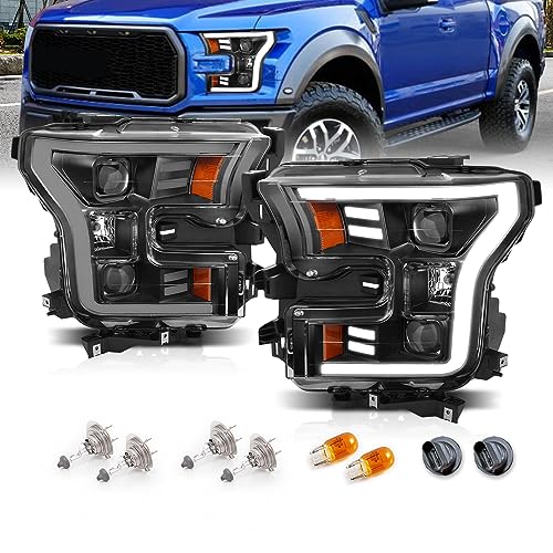 AmeriLite For 2015-2017 Ford F150 Pickup [Halogen Type] Black LED Tube Parking Light Bar Dual Square Projector Headlights Set - Driver and Passenger Side