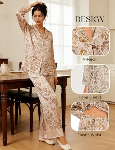 Image of Yimoon Satin Pajama Set for Women Silk Pajamas Set 2 Piece Floral Cute Pj Set Long Sleeve Pjs Sleepwear