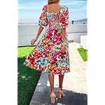 PRETTYGARDEN Women's Summer Casual Dresses 2025 Spring Puff Sleeve Square Neck A-line Flowy Boho Floral Smocked Midi Dress - Image 2