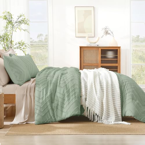 Image of Litanika Boho King Comforter Set, 3 Pcs Sage Green Lightweight Bedding Set