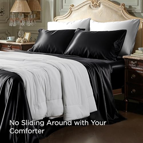 Image of Bedsure Black Satin Sheets Full Size, Soft Silky Bedsheets for Hair & Skin