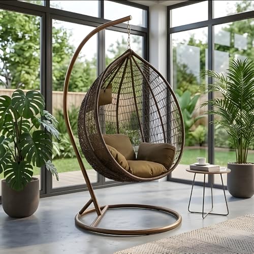 ABX HOME Hanging Egg Indoor Outdoor Patio Wicker Rattan Swing Chair with UV Resistant Random Washable Cushions & Iron Frame for Garden Living Room & Backyard (Brown)