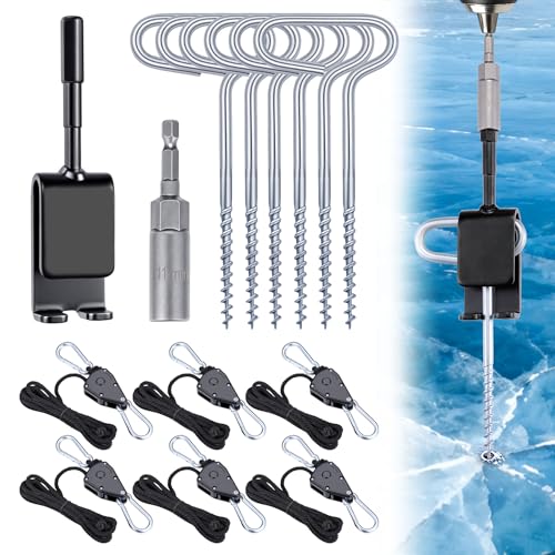 CozyCabin 14pcs Ice Anchor Tool, Universal Ice Fishing Anchor Tool Kit with Ice Anchor Drill Adapter, Ice Fishing Tent Stakes Nail, Rope Hanger, 1/4