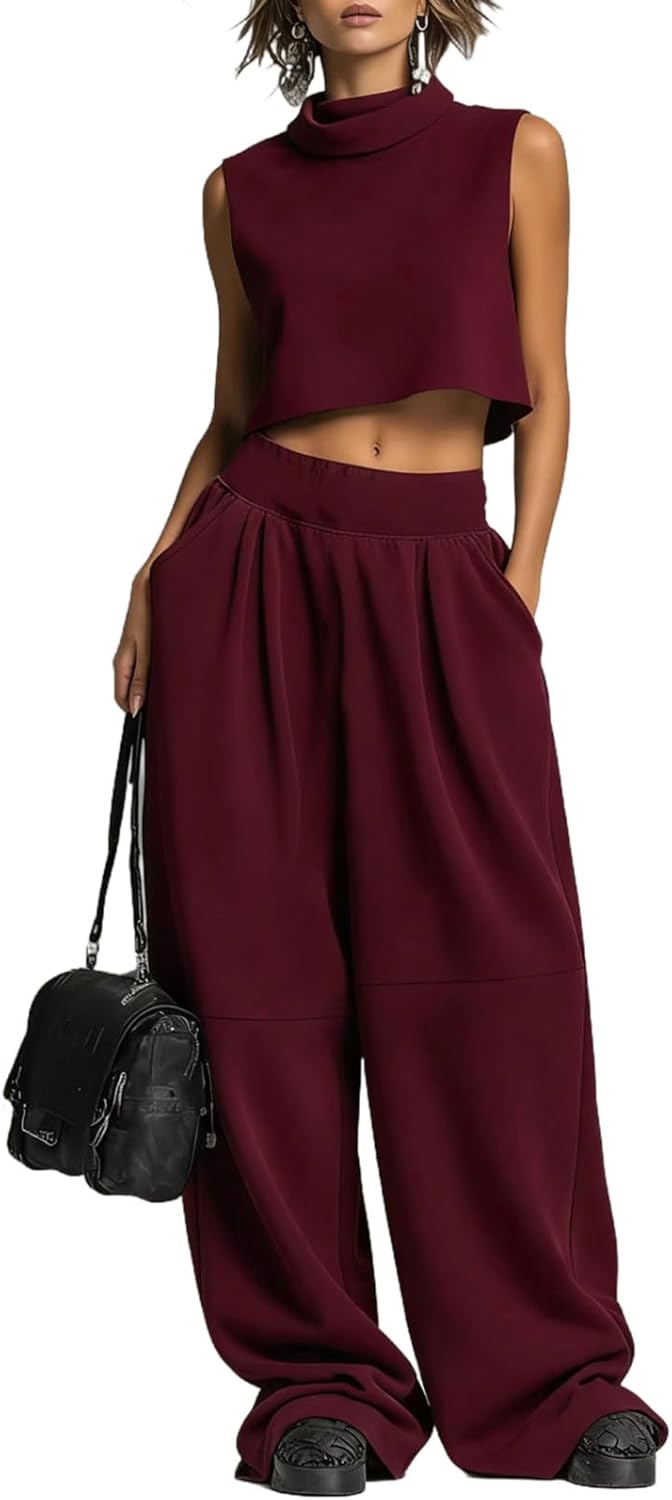 Women Fashion Casual Outfit 2 Piece Sleeveless Turtleneck Crop Top and High Waist Baggy Wide Leg Pants with Pockets