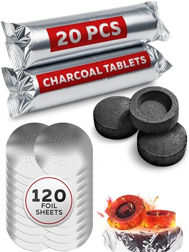 Hookah Bundle - 20 pcs Hookah Charcoal & 120 pcs Hookah Foil with Holes - 33 mm Quick Light Charcoal Tablets & 4 mil Thick Sisha Foil Sheets - 100% Natural Hookah Coals - Burns Up to 60 min